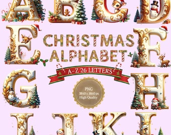 Christmas Alphabet Letters Clipart, Festive PNG (Digital Download)