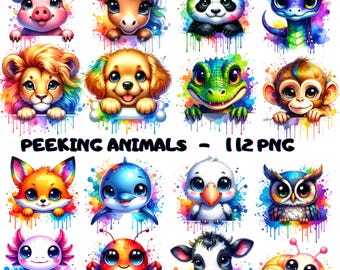 Watercolor Peeking Animals Clipart: 112 PNG Bundle (Digital Download)