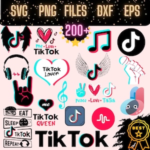 Könnte beinhalten: Eine Sammlung von TikTok-Grafiken in Schwarz, Weiß und Türkis, darunter Noten, Herzen und das TikTok-Logo. Text beinhaltet "SVG PNG FILES DXF EPS", "200+", "TikTok Lover" und "TikTok Queen".