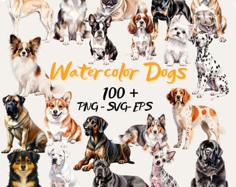 Watercolor Dog Clipart Set: 100+ Puppy PNG, SVG, EPS (Instant Download)