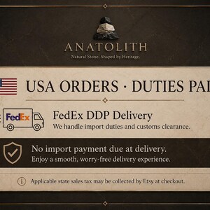 Op de afbeelding: Een rechthoekige informatieve afbeelding met een donkere rand en een cr&egrave;mekleurig midden. Het bevat het Anatolith-logo, een icoon van de Amerikaanse vlag en tekst met USA ORDERS DUTIES PAID, FedEx DDP Delivery en No import payment due at delivery.