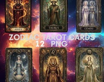 Imágenes prediseñadas de cartas del tarot del zodíaco, 12 diseños PNG de astrología (descarga digital)