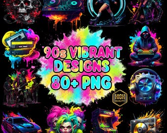 90s Neon T-Shirt Designs, PNG Sublimation Bundle (Digital Download)