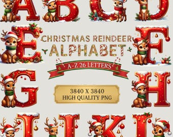 Christmas Reindeer Alphabet Letters, Holiday PNG Clipart (Digital Download)
