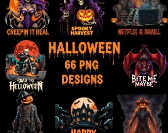 66 Halloween T-Shirt Designs: Spooky Horror PNG Bundle (Digital Download)