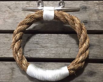 Rope Towel Ring With Stainless Steel Cleat Nautical Decor Bathroom Towel Holder Hook Fixture Beach Manila Rope White Accent