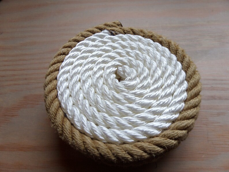 Set of 4 Rope Coasters Nautical Decor White With Tan Trim Etsy