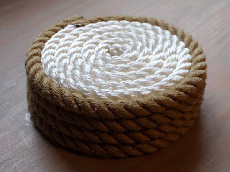 Set of 4 Rope Coasters Nautical Decor White with Tan Trim Beach Set of 4 Rope Coasters Nautical Decor White with Tan Trim Beach