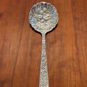 Repoussé Sterling Silver Berry Spoon – Vintage S. Kirk and Son 1924, Floral & Fruit Pattern, Antique Solid Silver Serving Spoon 7.5”