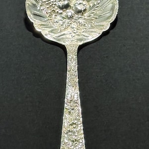 Repoussé Sterling Silver Berry Spoon – Vintage S. Kirk and Son 1924, Floral & Fruit Pattern, Antique Solid Silver Serving Spoon 7.5”