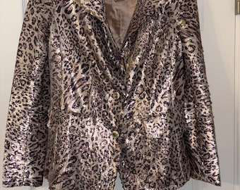 Chaqueta con estampado de leopardo en oro rosa/lentejuelas metalizadas, talla PS