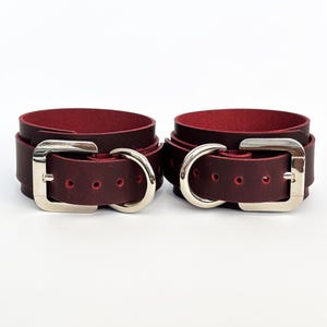 Handmade Burgundy Leather Handcuffs and Ankle Cuffs, Restraint Cuffs, Submissive Cuffs, Leather Restraints