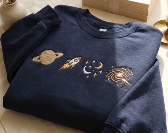 Embroidered Space Sweatshirt, Galaxy Crewneck, Celestial Planets Sweater, Astronomy Lover Gift, Saturn Rocket Moon Stars Telescope Shirt