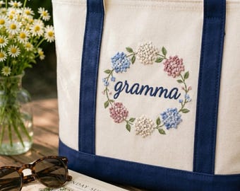 Personalized Grandma Tote Bag, Embroidered Floral Canvas Tote, Custom Nana Gift Bag, Hydrangea Wreath Tote for Grandma