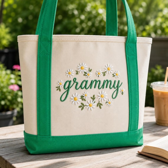 Embroidered Grammy Floral Tote Bag, Custom Grandma Gift with Daisy Embroidery, Cute Canvas Tote for Grandmother