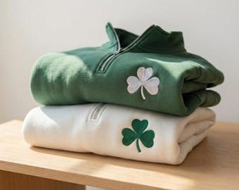 Embroidered Minimalist Shamrock Quarter Zip, Lucky Clover Zip Sweatshirt, Preppy St. Patrick’s Day Pullover, Aesthetic Irish Sweater