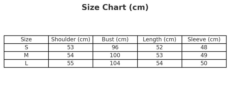 Peut inclure: Un tableau des tailles avec des mesures en centim&egrave;tres. Le tableau comprend les tailles S, M et L, avec les mesures correspondantes des &eacute;paules, de la poitrine, de la longueur et des manches. Le texte "Size Chart (cm)" est en haut.