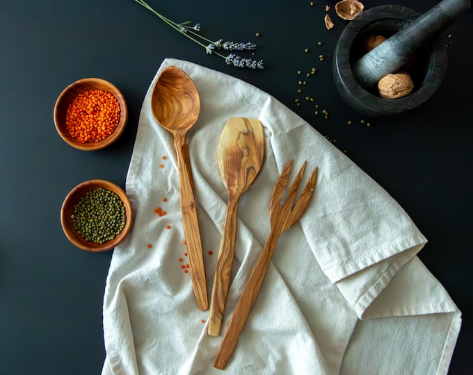 Olive Wood Utensil Set | Handcrafted Spoons, Forks, Spatulas and Ladles | Natural & Sustainable Kitchenware