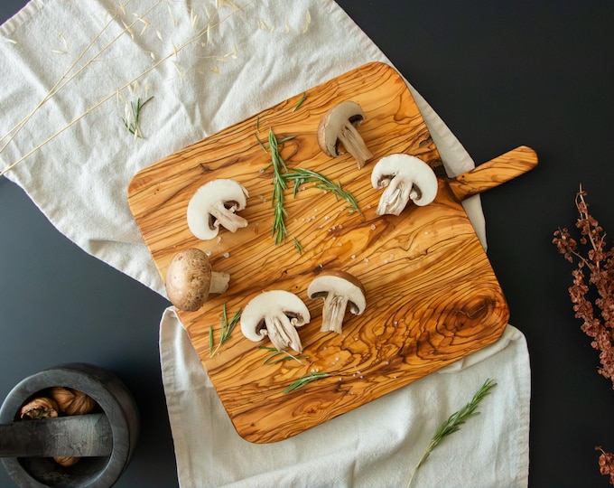 Handmade Olive Wood Serving Board with Handle: Rustic Charcuterie Board