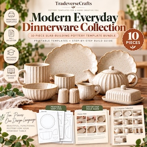 Pottery Dinnerware Template Bundle PDF, 10 Piece Ceramic Tableware Patterns, Printable Slab Building Templates and Guide