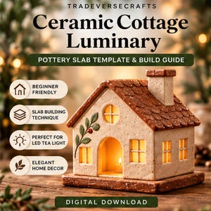 Ceramic House Pottery Template, Tealight Holder Slab Building Pattern, DIY Clay Candle Holder, Printable PDF, Beginner Handbuilding