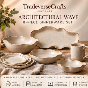 Wave Dinnerware Pottery Templates: 8-Piece Ceramic Slab Building Patterns, Printable Clay PDF Guide