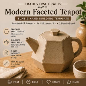 May include: A beige, six-panel faceted teapot with a matching lid and knob. The text reads: Tradeverse Crafts, Modern Faceted Teapot, Slab & Hand Building Template, Printable PDF Pattern, A4 / US Letter / A3, 3 Sizes Included, Six-Panel Faceted Body, Complete Template Set, 3 Sizes Included, True To Scale, Print, Build, Create, Enjoy.