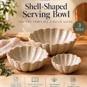 May include: A pottery template and build guide for a shell-shaped serving bowl, featuring text that reads TRADEVERSE CRAFTS PRESENTS Shell-Shaped Serving Bowl POTTERY TEMPLATE & BUILD GUIDE, 3 SIZES, and icons for full-size templates, step-by-step guide, and PDF.