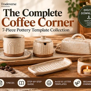 Coffee Corner Pottery Templates PDF, 7 Piece Ceramic Set, Mug Saucer Butter Dish Sugar Pot Tray, Slab Building Guide