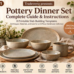 Pottery Dinner Set Templates, 8 Piece Ceramic Slab Building Patterns, Printable Clay Templates, Handbuilding PDF, Beginner Pottery Guide
