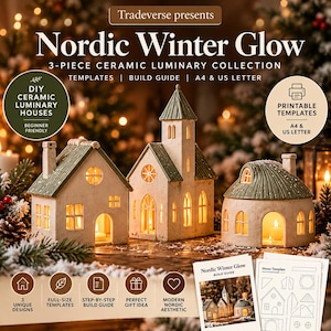 Nordic Winter Glow Pottery Templates, 3 Ceramic Christmas Village Luminaries, Printable Clay Slab Patterns, DIY Build Guide PDF