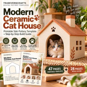 Könnte beinhalten: Eine digitale Töpfervorlage für ein modernes Keramik-Katzenhaus, inklusive einer 28-seitigen Bauanleitung und druckbaren Vorlagen im A4- oder US-Letter-Format. Das Set enthält maßstabsgetreue Pläne für ein Haus mit einem terrakottafarbenen Dach.