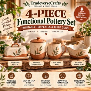 Töpfervorlagen-Set | Plattentechnik | Butterdose, Becher, Schale & Kompostbehälter | Druckbare Tonvorlagen | PDF-Anleitung für Anfänger