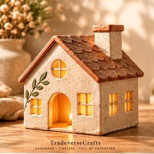 Modello per la costruzione di una casetta in ceramica, schema per la realizzazione di una lastra portacandele, portacandele in argilla fai da te, PDF stampabile, modellazione a mano per principianti