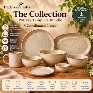Pottery Dinner Set Templates, 8 Piece Ceramic Slab Building Patterns, Printable Clay Templates, Handbuilding PDF, Beginner Pottery Guide