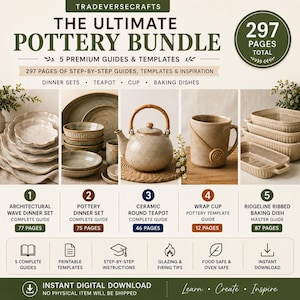 Puede incluir: Una guía digital titulada The Ultimate Pottery Bundle con 297 páginas en total. Incluye cinco guías para un juego de vajilla ondulado, un juego de vajilla de cerámica, una tetera redonda de cerámica, una taza y una fuente para hornear.