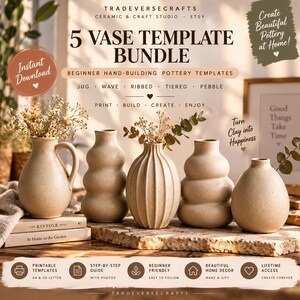 5 Pottery Vase Templates PDF Bundle | Pebble Wave Tiered Ribbed Jug | Beginner Ceramic Pattern | Slab Hand Building Guide | Instant Download