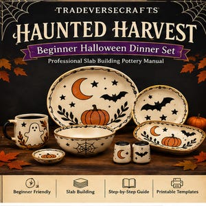 Puede incluir: Un kit de cerámica Haunted Harvest Beginner Halloween Dinner Set que incluye una taza con un fantasma, una fuente ovalada grande, un cuenco con telaraña, un plato pequeño y saleros, decorados con calabazas, murciélagos, lunas y estrellas.