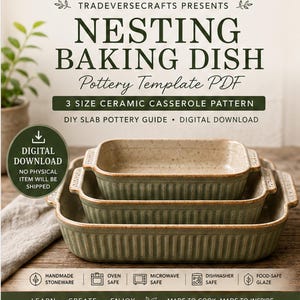 May include: A digital download pottery template PDF for a nesting baking dish. The image shows three rectangular, sage green ceramic casserole dishes with ribbed sides and speckled interiors, stacked inside one another on a wooden surface.