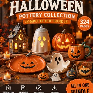 ハロウィン陶芸テンプレートセット、陶芸作品8点、カボチャ、幽霊、コウモリのランタン型紙、印刷可能なスラブ粘土テンプレート（PDF）