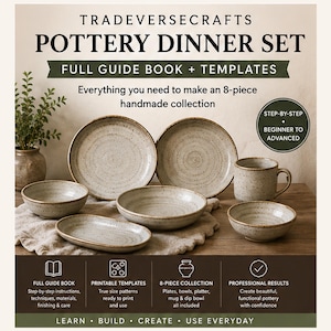 Puede incluir: Un libro guía y plantillas de Tradeversecrafts para un juego de vajilla de cerámica de 8 piezas. El conjunto incluye platos, cuencos, una fuente y una taza, todos con un acabado beige moteado, bordes marrones y texturas circulares visibles.