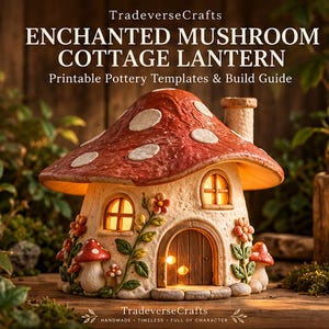 May include: A mushroom-shaped cottage lantern with a red cap featuring white spots, a textured cream-colored base, a wooden door, and small flower details. Text reads: TradeverseCrafts ENCHANTED MUSHROOM COTTAGE LANTERN Printable Pottery Templates & Build Guide.