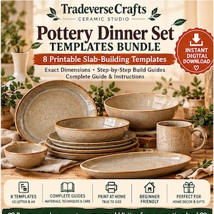 Sjablonen voor een keramisch servies, 8-delige keramische plaatbouwpatronen, printbare kleisjablonen, handvorm-pdf, handleiding voor pottenbakken voor beginners