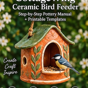 May include: A Tradeversecrafts CottageWing ceramic bird feeder pottery manual and printable templates guide. The cover features a terracotta-colored house-shaped feeder with a green roof, leaf carvings, and a small bird perched inside.