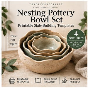 Può includere: Un set di quattro ciotole in ceramica impilabili con bordi ondulati e finitura maculata. Il testo recita: Nesting Pottery Bowl Set, Printable Slab-Building Templates, 4 Bowl Sizes, A4 + US Letter Digital Download, Printable Templates, Build Guide.