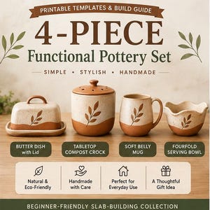 May include: A 4-piece pottery set featuring a butter dish with lid, a tabletop compost crock, a soft belly mug, and a fourfold serving bowl. Each piece is cream-colored with brown speckled details, a brown base, and a brown leaf graphic design.
