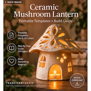 Può includere: Una lanterna a forma di fungo in ceramica beige con motivi ritagliati e un lumino acceso all'interno. Il testo recita: Ceramic Mushroom Lantern, Printable Templates + Build Guide, A4 & US Letter, 19 Pages, Make Something Magical, TRADEVER CRAFTS, DIGITAL DOWNLOAD.