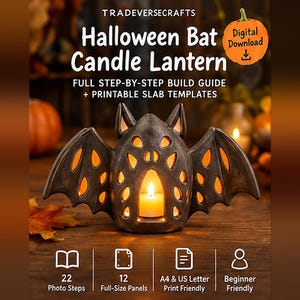 Puede incluir: Un farol para velas con forma de murciélago gris oscuro con detalles recortados en las alas y el cuerpo, iluminado desde el interior por una vela. El texto dice: TRADEVERSECRAFTS Halloween Bat Candle Lantern, FULL STEP-BY-STEP BUILD GUIDE + PRINTABLE SLAB TEMPLATES.
