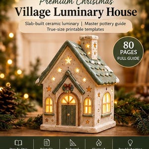 May include: A ceramic Christmas village luminary house with a green roof, star-shaped cutouts, and a wreath above the door. The guide includes 80 pages, printable templates, and instructions. Finished size is 190 x 140 x 115 mm for a 6 mm slab.