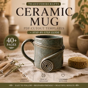 May include: A digital download product featuring 40+ pages of ceramic mug PDF cutout templates and a step-by-step guide. The image displays a speckled blue-green ceramic mug with a spiral design, alongside crafting tools and a sponge.